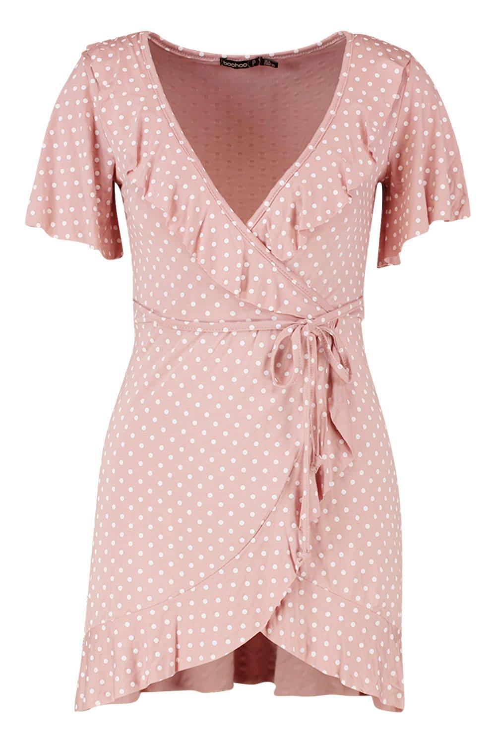 petite polka dot ruffle wrap tea dress