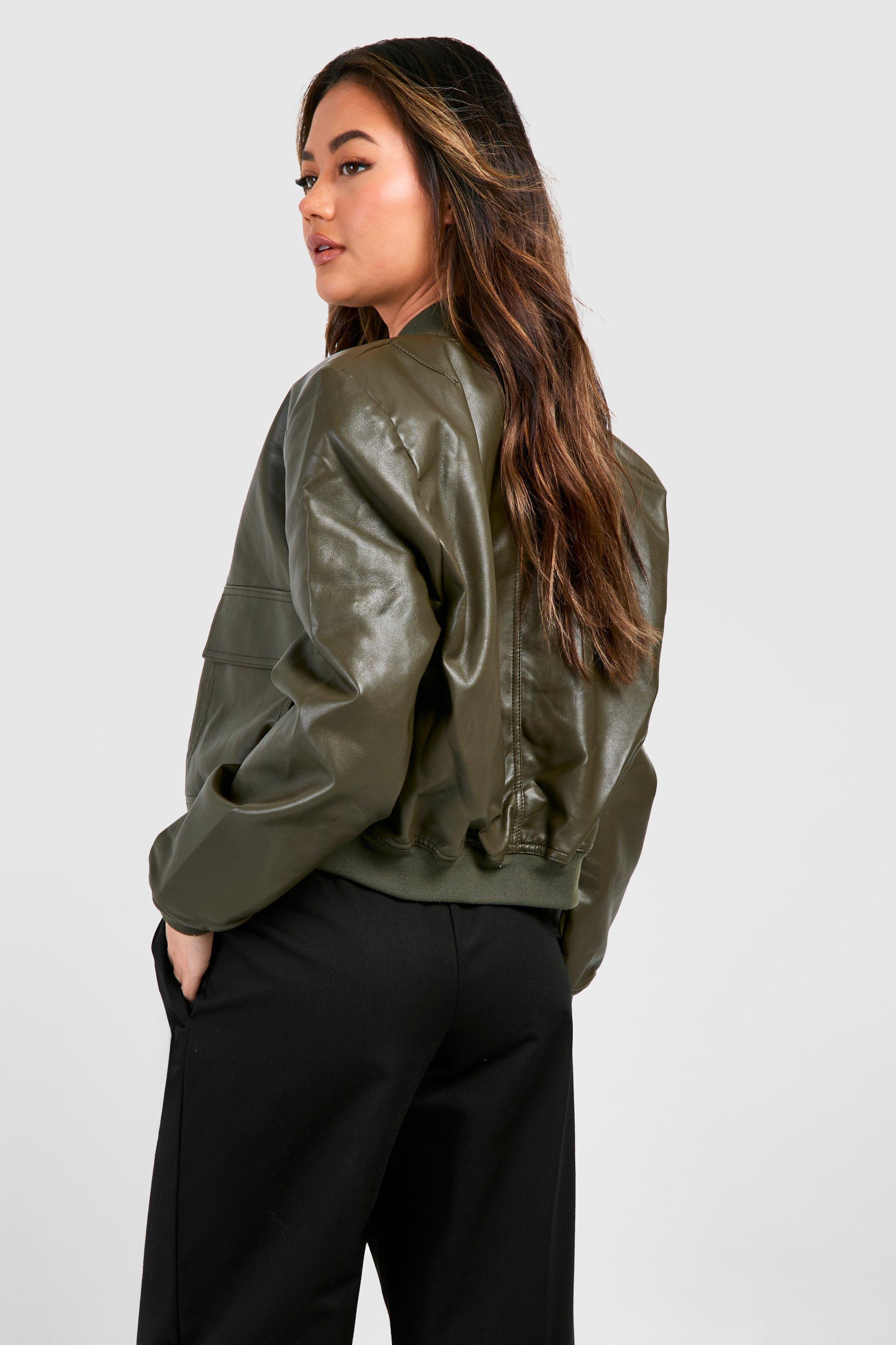 Boohoo Pocket Detail Faux Leather Bomber Jacket in Brown