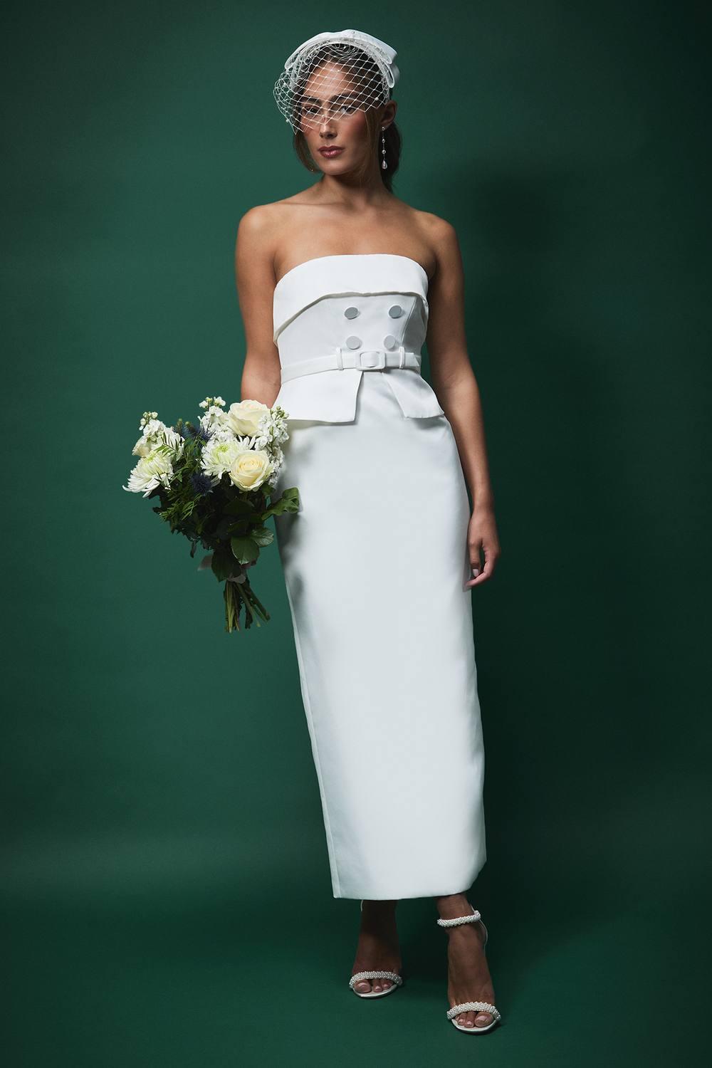 Coast Lisa Tan Bandeau Satin Button Midi Wedding Dress in Green | Lyst