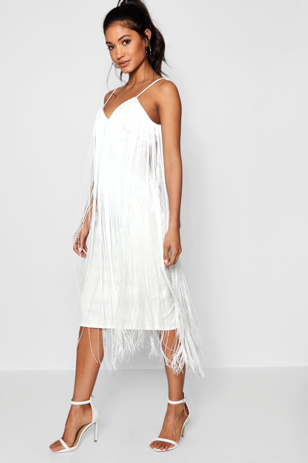 Boohoo Synthetic Tassel Midi Dress in White - Lyst