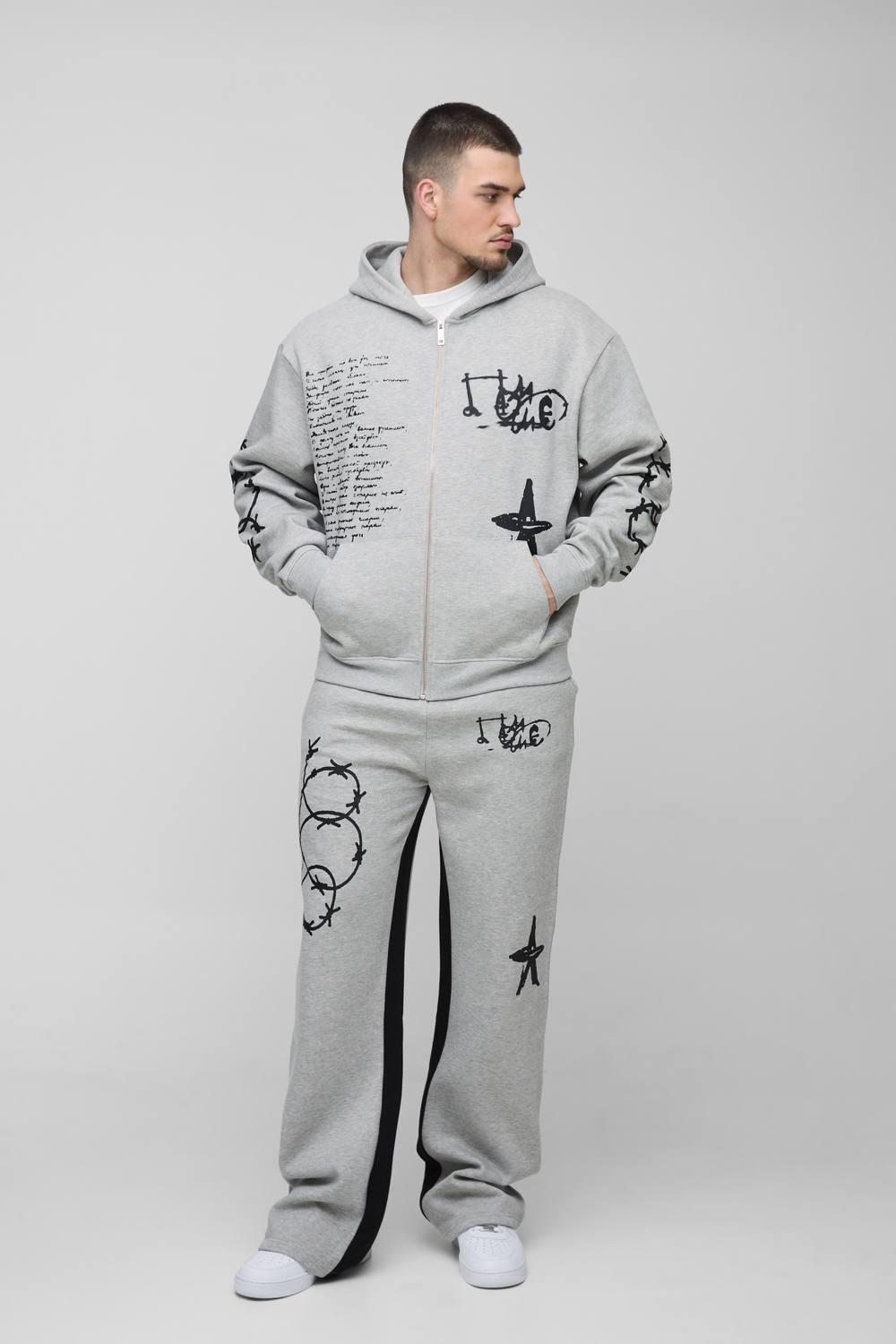 BoohooMAN Tall Oversized Multi Placement Graffiti Zip Through