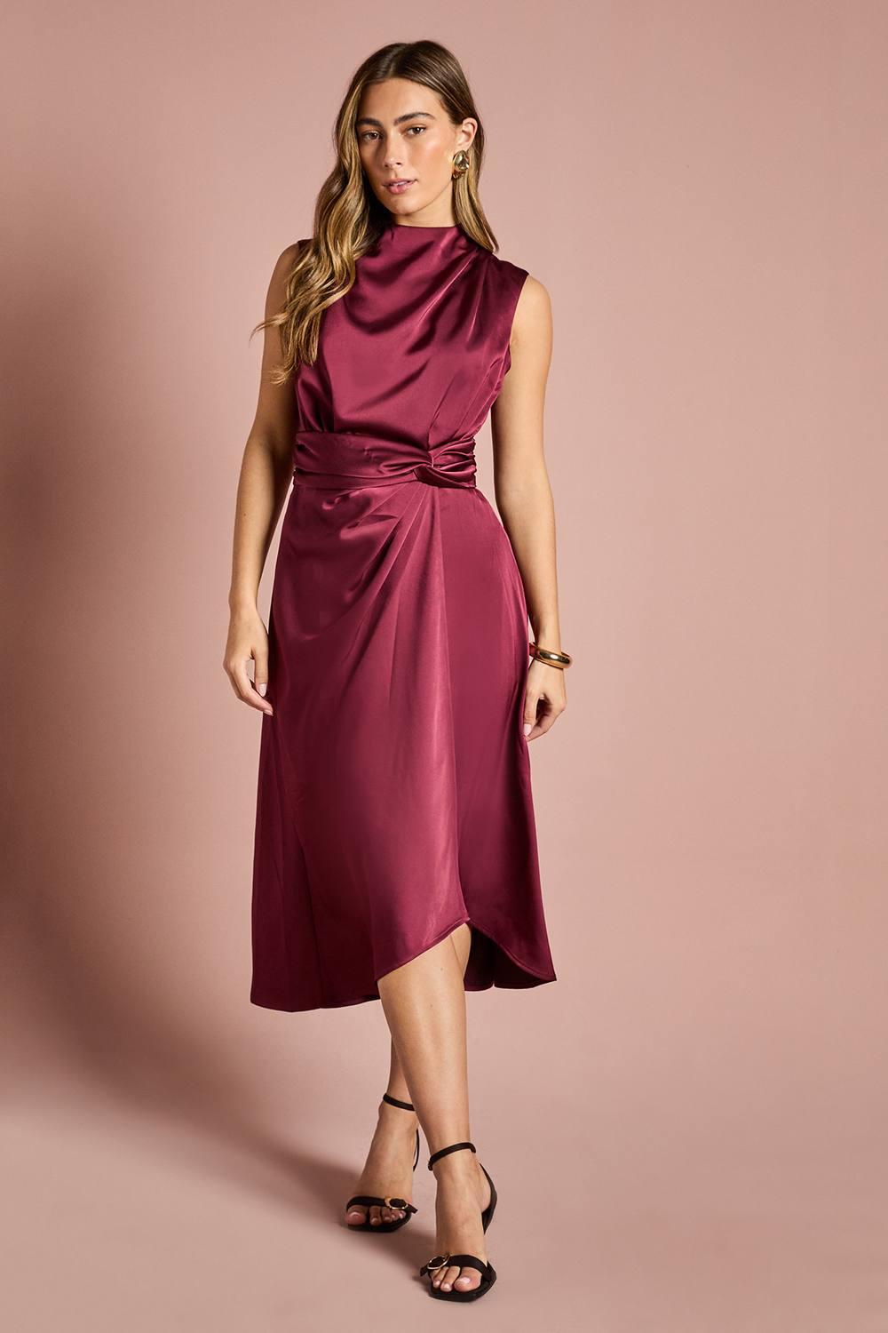 coast red satin dress One Shoulder Ruffle Detail Maxi The statement corsage detailing on the shoulders lends a unique and eye Jluxlabel Women's Irresistible Satin Maxi