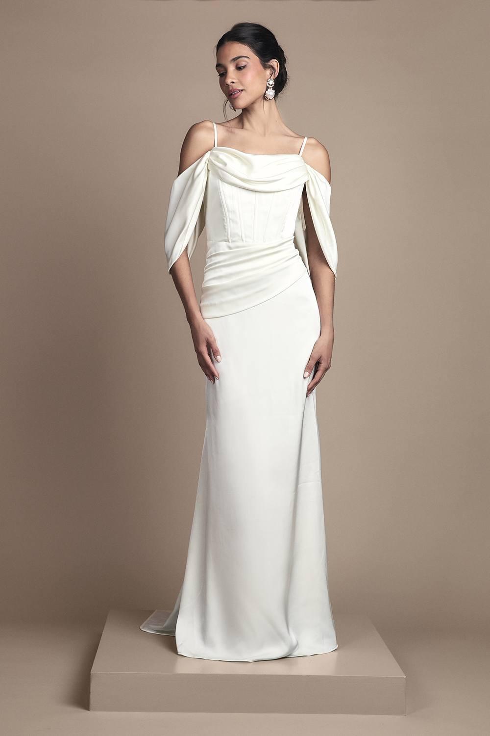 Coast Cowl Neck Corset Drape Satin Maxi Wedding Dress in Brown | Lyst