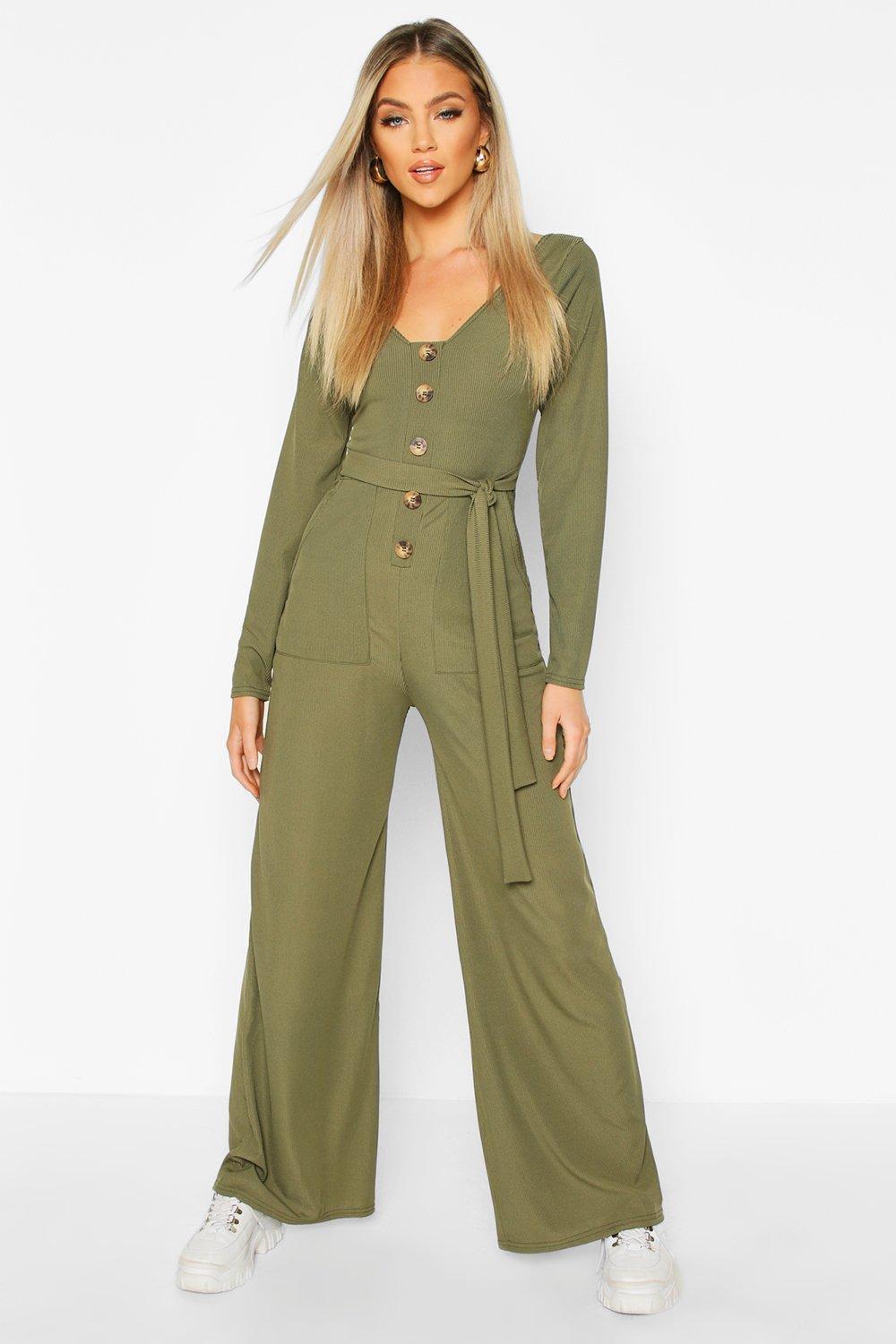 Boohoo Womens Long Sleeve Horn Button Ribbed Tie Jumpsuit in Green - Lyst