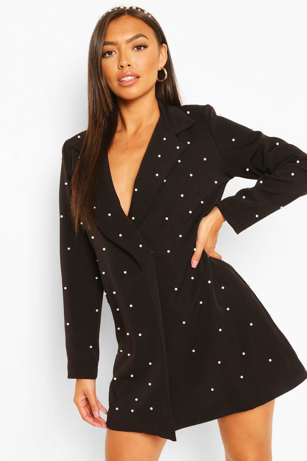 Boohoo Synthetic Petite Pearl Detail Blazer Dress in Black