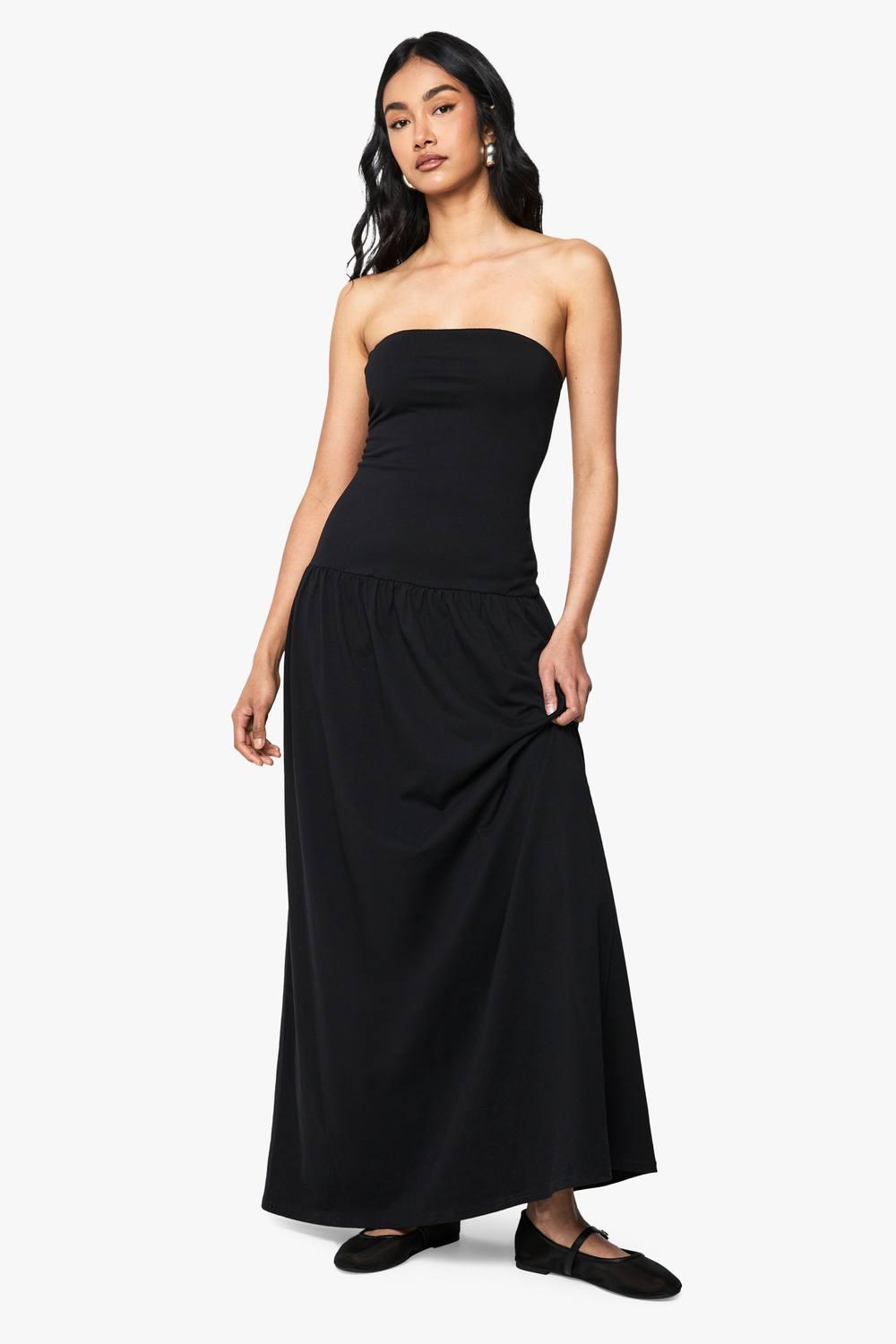 knee length dresses for ladies Black Burnout Mesh Bandeau Dress – Rare London main image 0