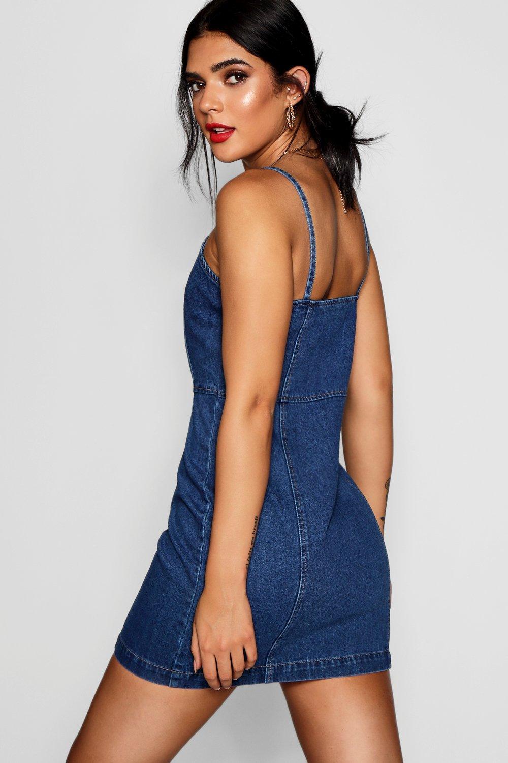 zip front strappy denim dress