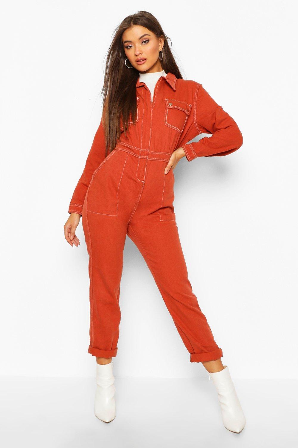 Boohoo Womens Pocket Contrast Stitch Denim Boilersuit in Orange | Lyst