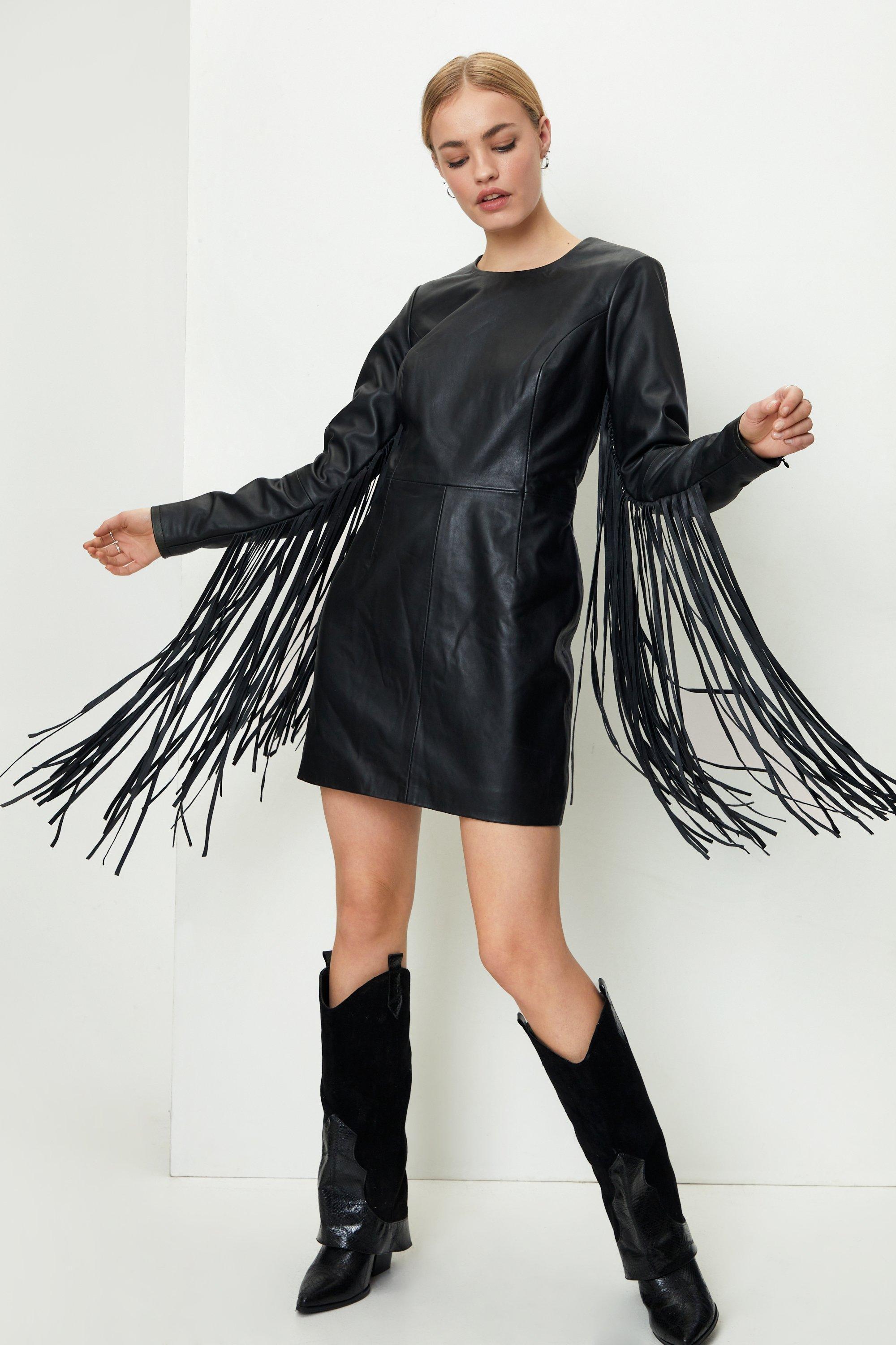 Boohoo Real Leather Extreme Fringe Mini Dress in Black | Lyst