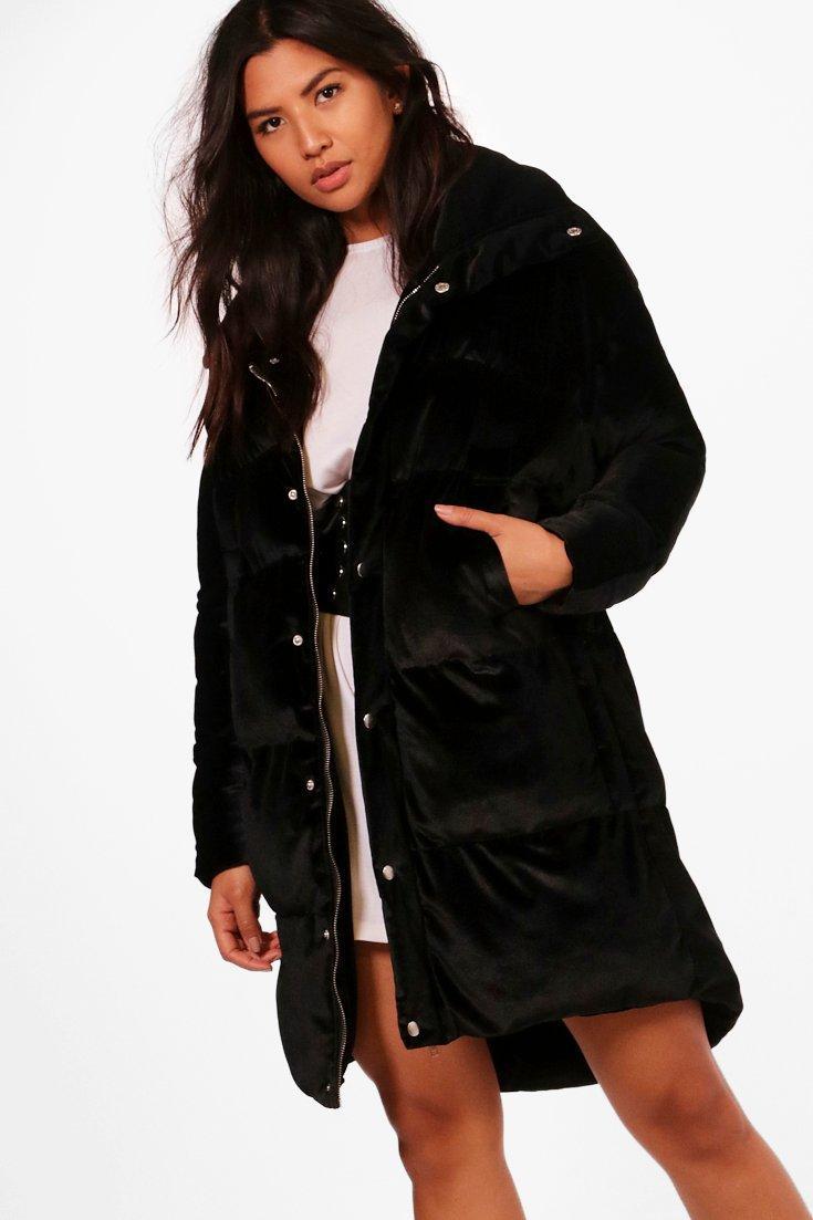 hooded dip back padded coat