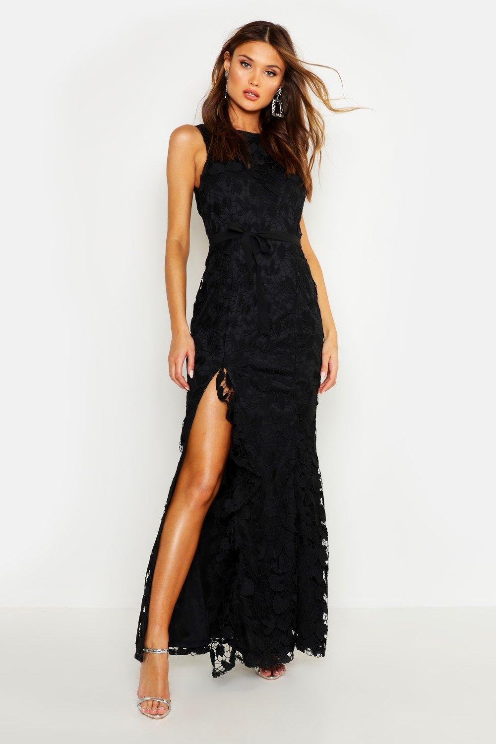 Boohoo Lace Ruffle Split Maxi Dress in Black - Lyst