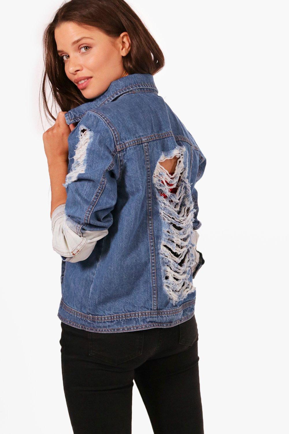 Download Boohoo Edna Ombre Shredded Back Denim Jacket in Mid Blue ...