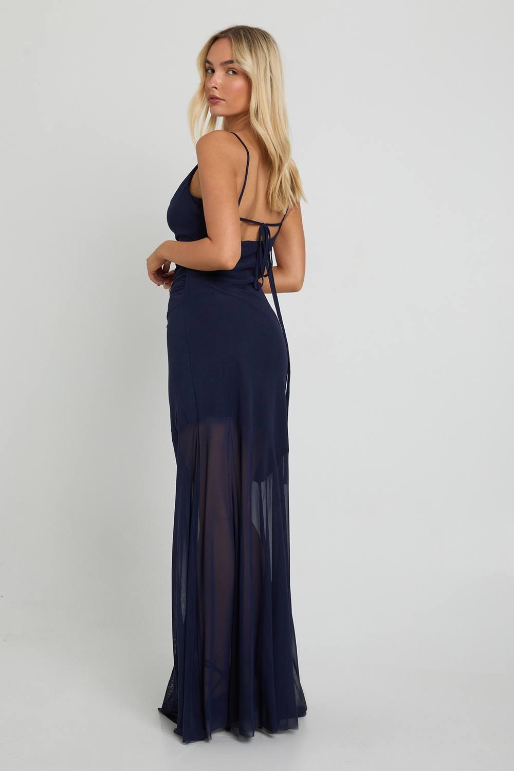 mesh cowl neck ruched maxi dress Women's Apricot Mesh Cowl Neck Ruched Front Maxi Dress