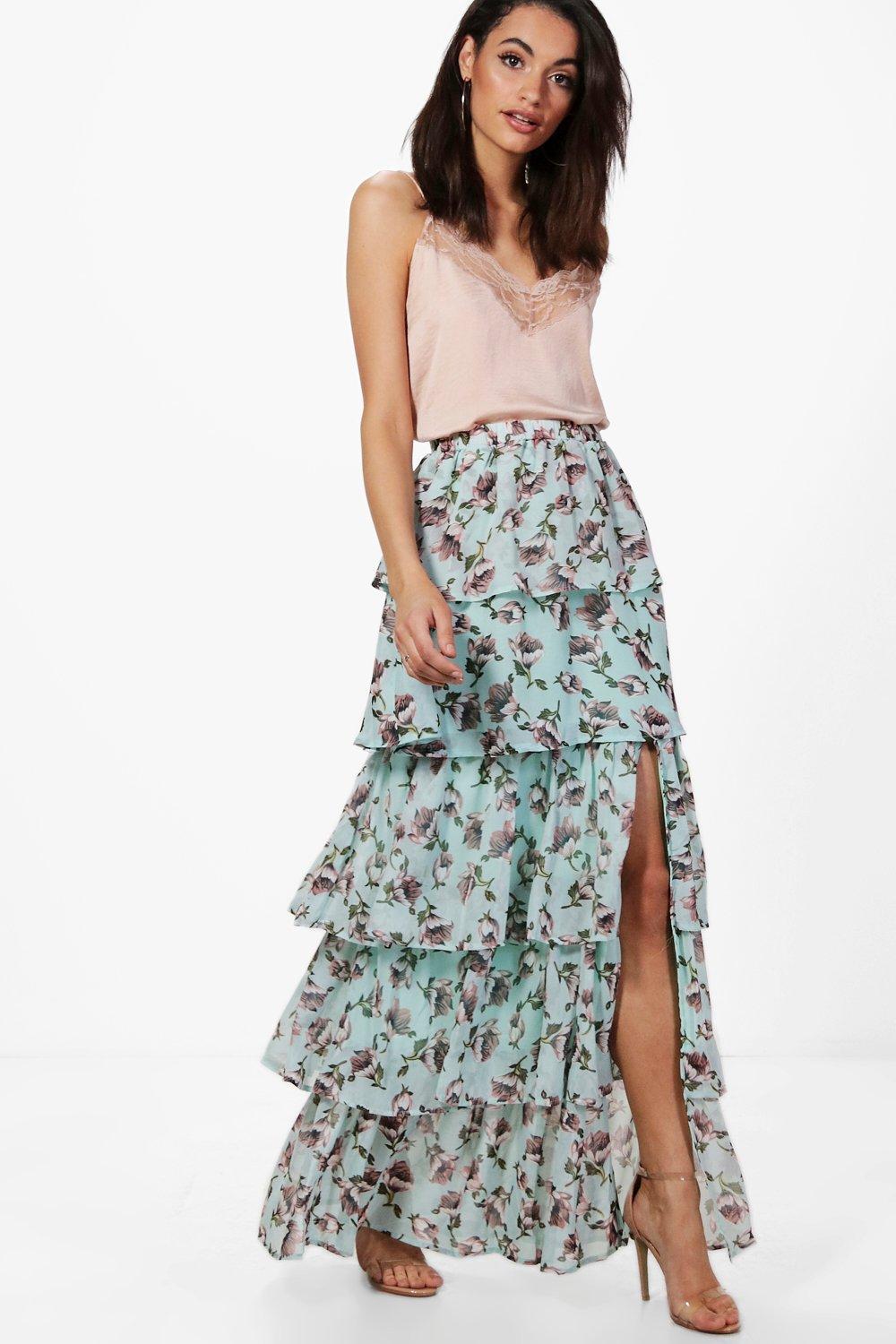 floral ruffle maxi skirt