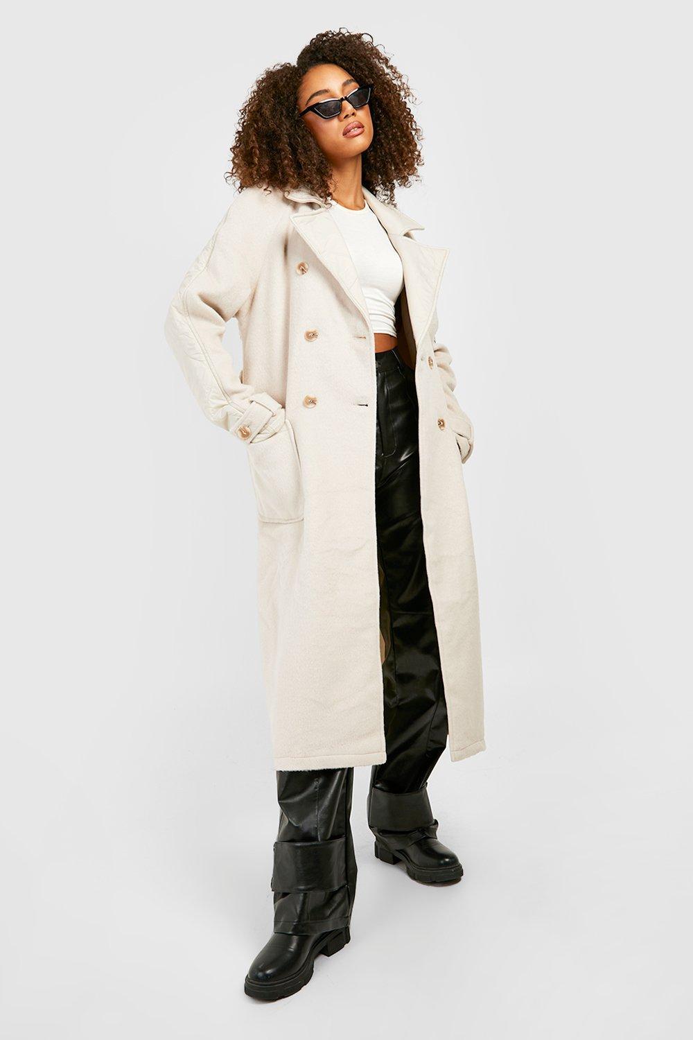 envy barbecue Justice Boohoo Tall Quilt Detail Wool Look Trench Coat in Natural | Lyst