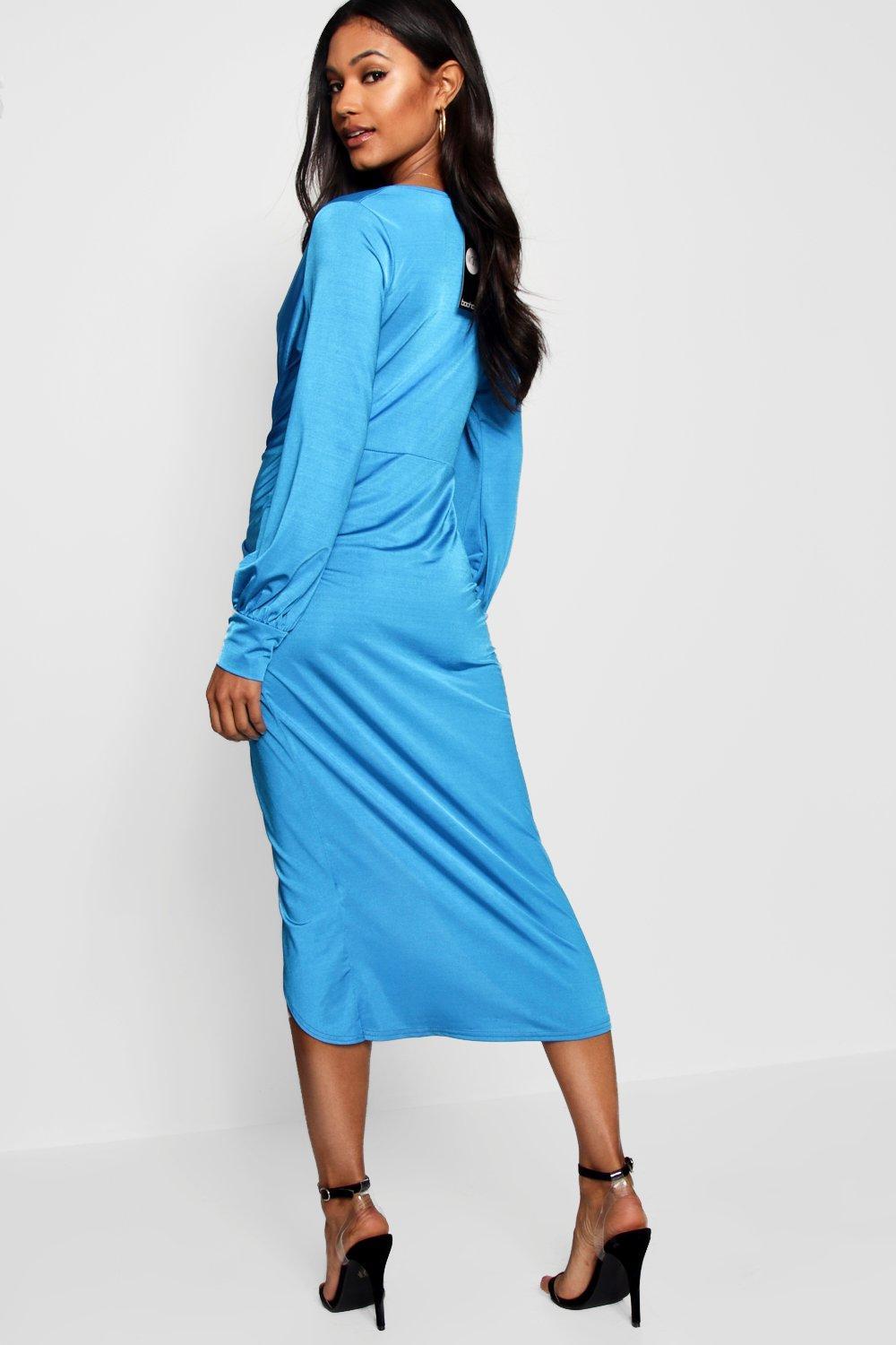 twist front plunge slinky midi dress