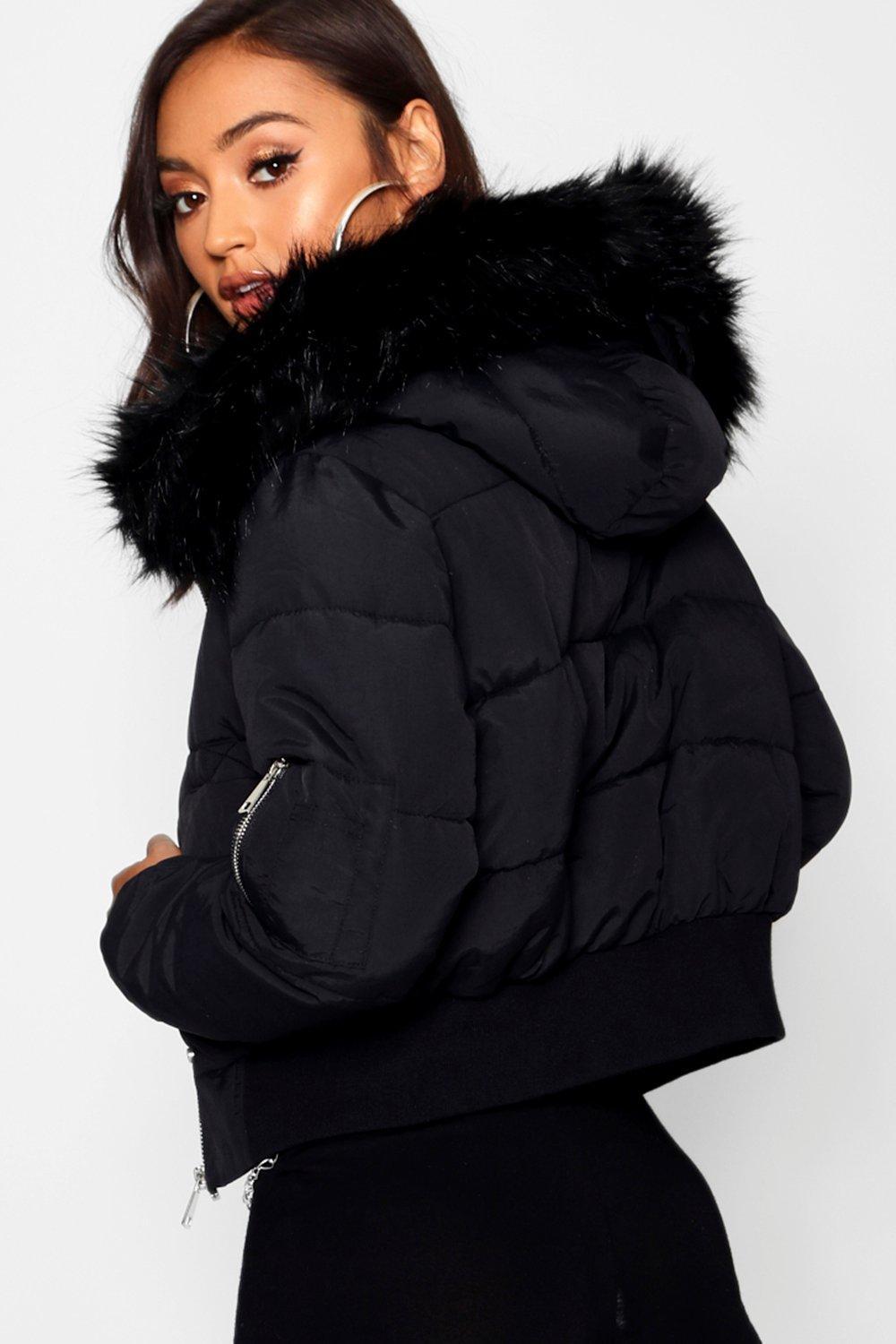 Boohoo Petite Luxe Faux Fur Hood Sporty Cropped Coat in Black | Lyst