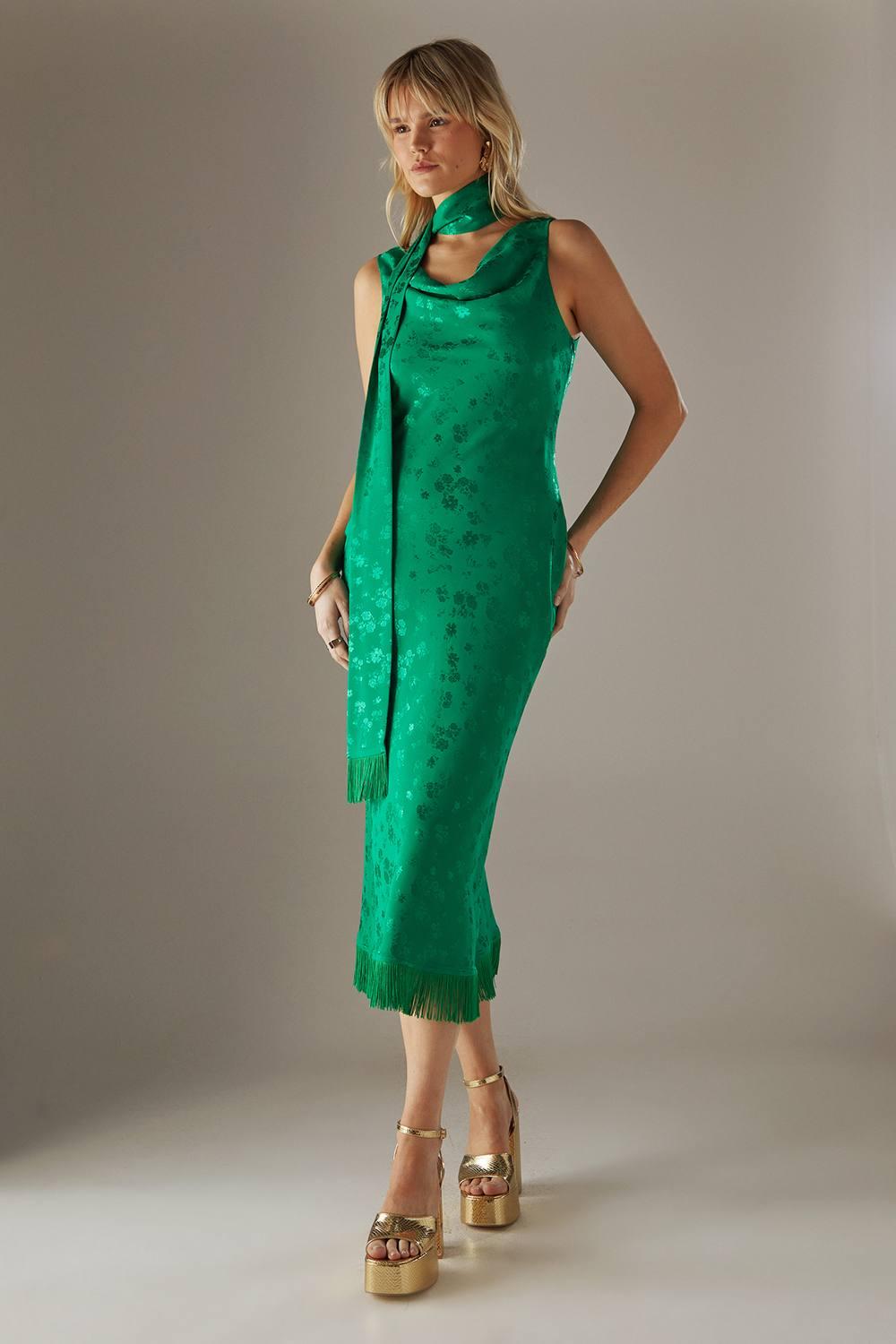 warehouse green silk dress Satin Jacquard Cowl Scarf Neck Fringe Midi Slip in labordaysaleincluded