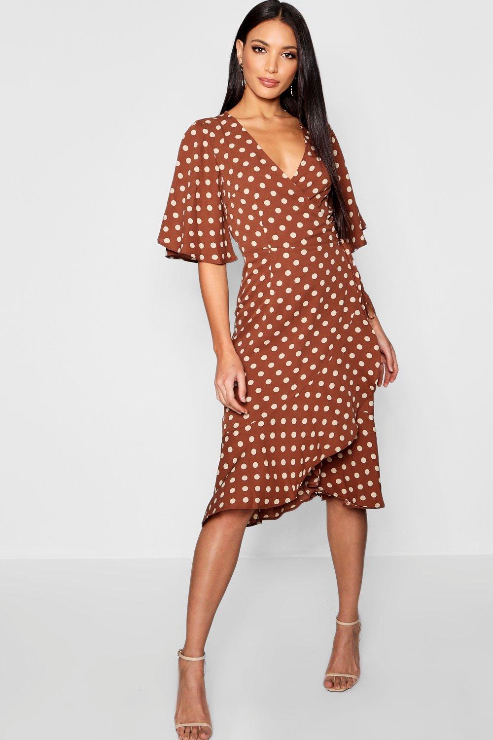 chocolate polka dot one shoulder ruffle detail pleated midi dress