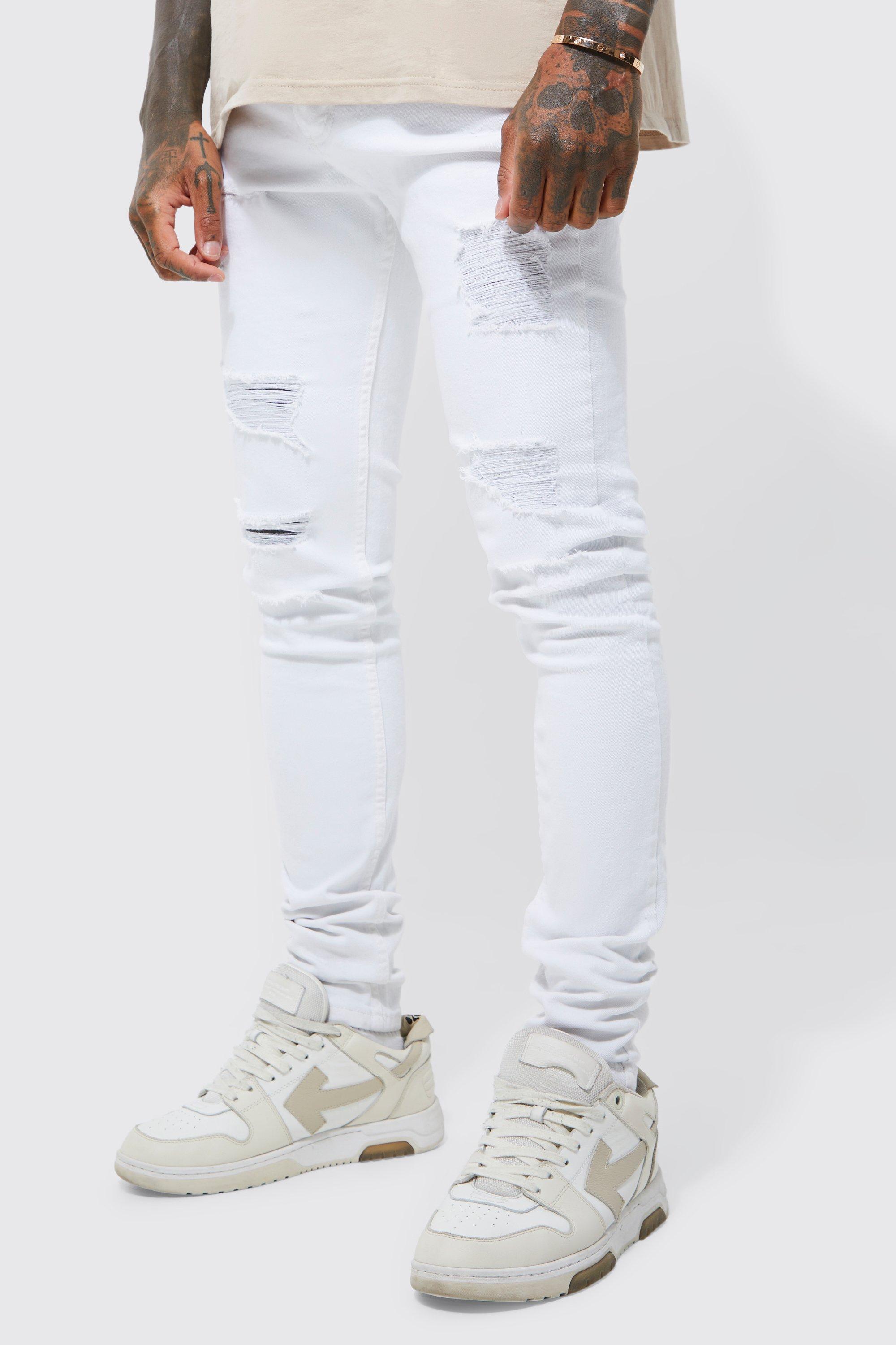 Boohoo Tall Super Skinny Jeans With All Over Rips in White | Lyst