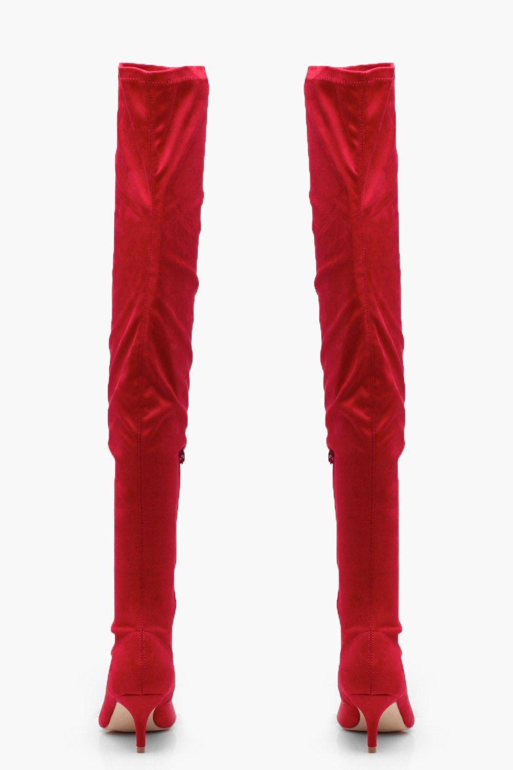 Boohoo Jessica Pointed Kitten Heel Over The Knee Boot in Red | Lyst
