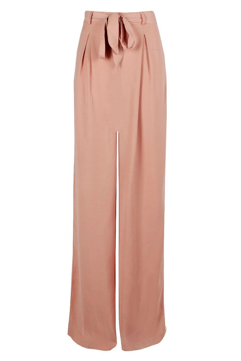 Lyst - Boohoo Tall Lorna Woven Front Tie Detail Wide Leg Trouser in Pink