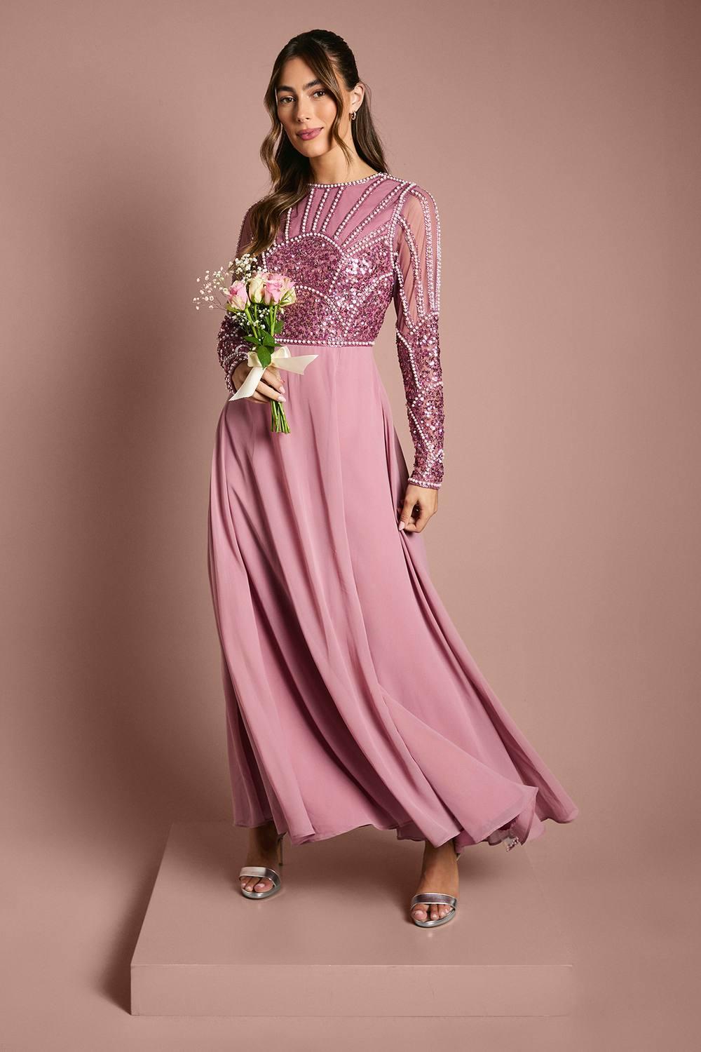 coast pink bridesmaid dresses Coast Embellished Long Sleeve Bridesmaid Dress in Pink