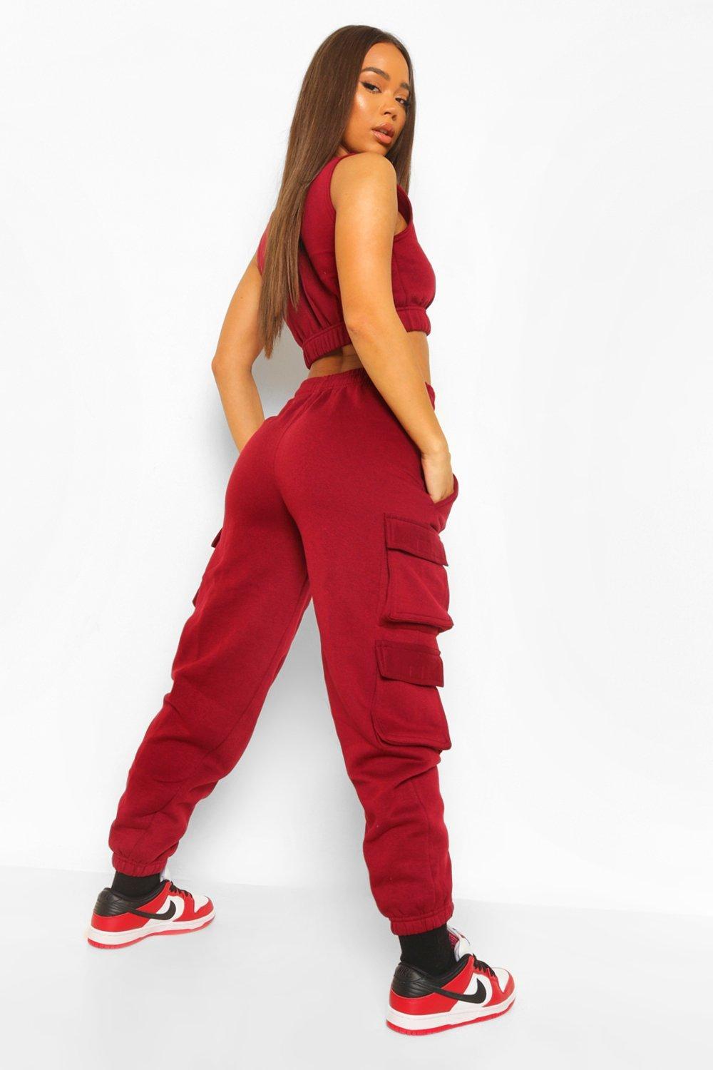 Boohoo Crop Cargo Pant Joggers Set Red | Lyst