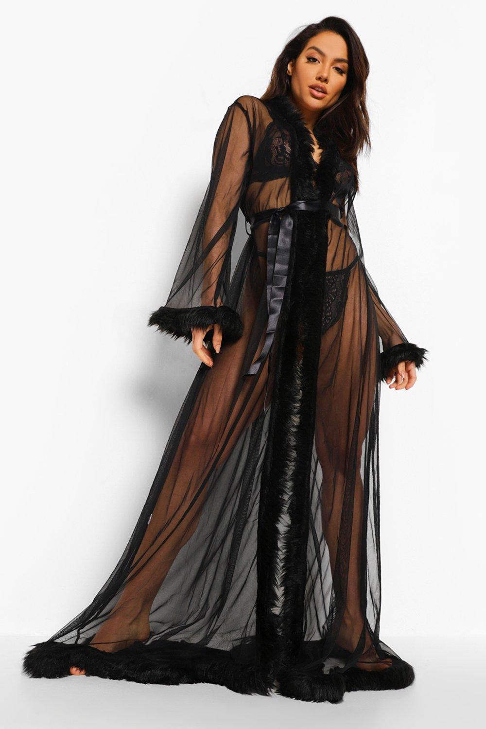 Premium Fluffy Trim Maxi Robe in Black 