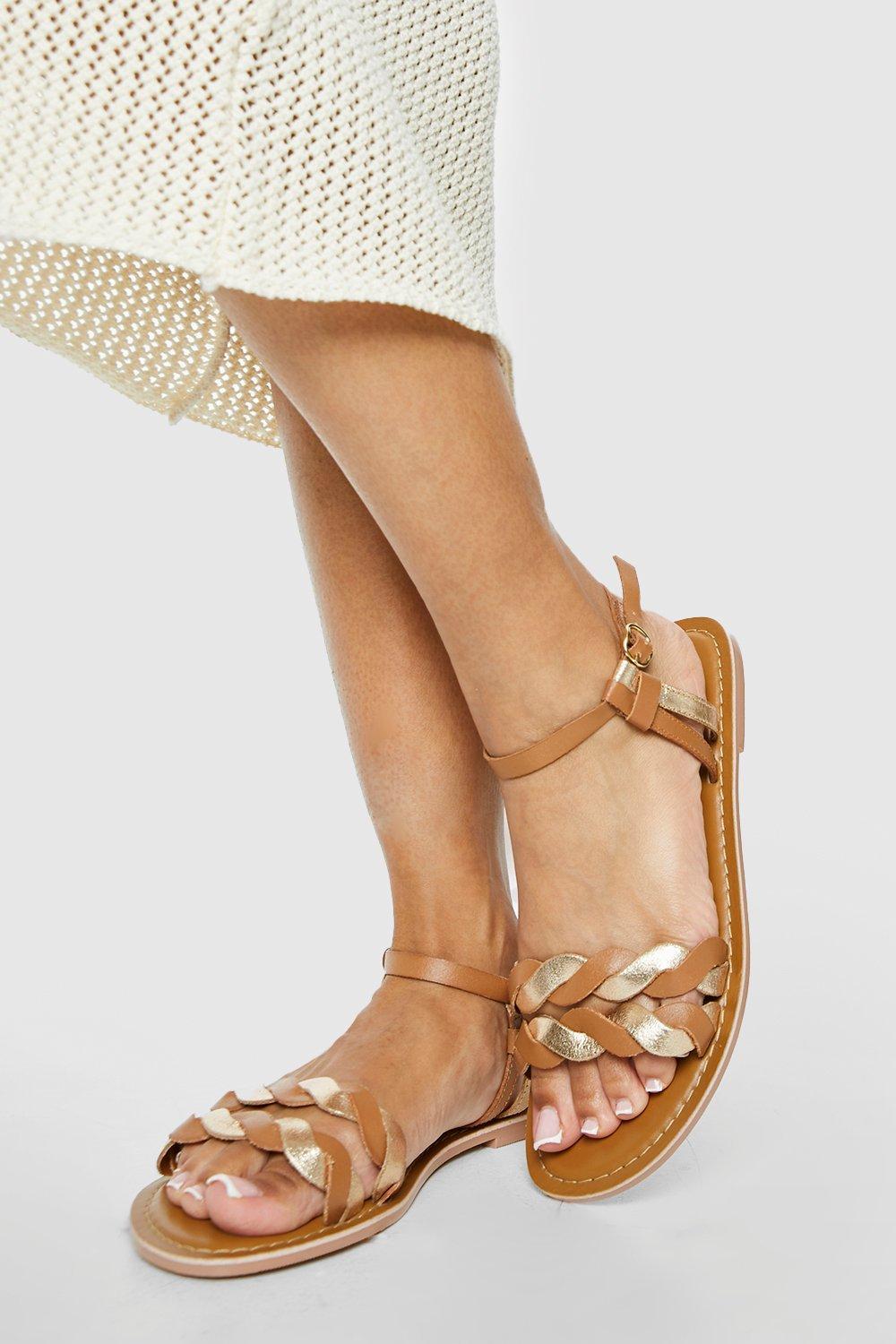 Boohoo Leather Wide Fit Plait Detail Double Strap Two Part Sandals in  Natural | Lyst
