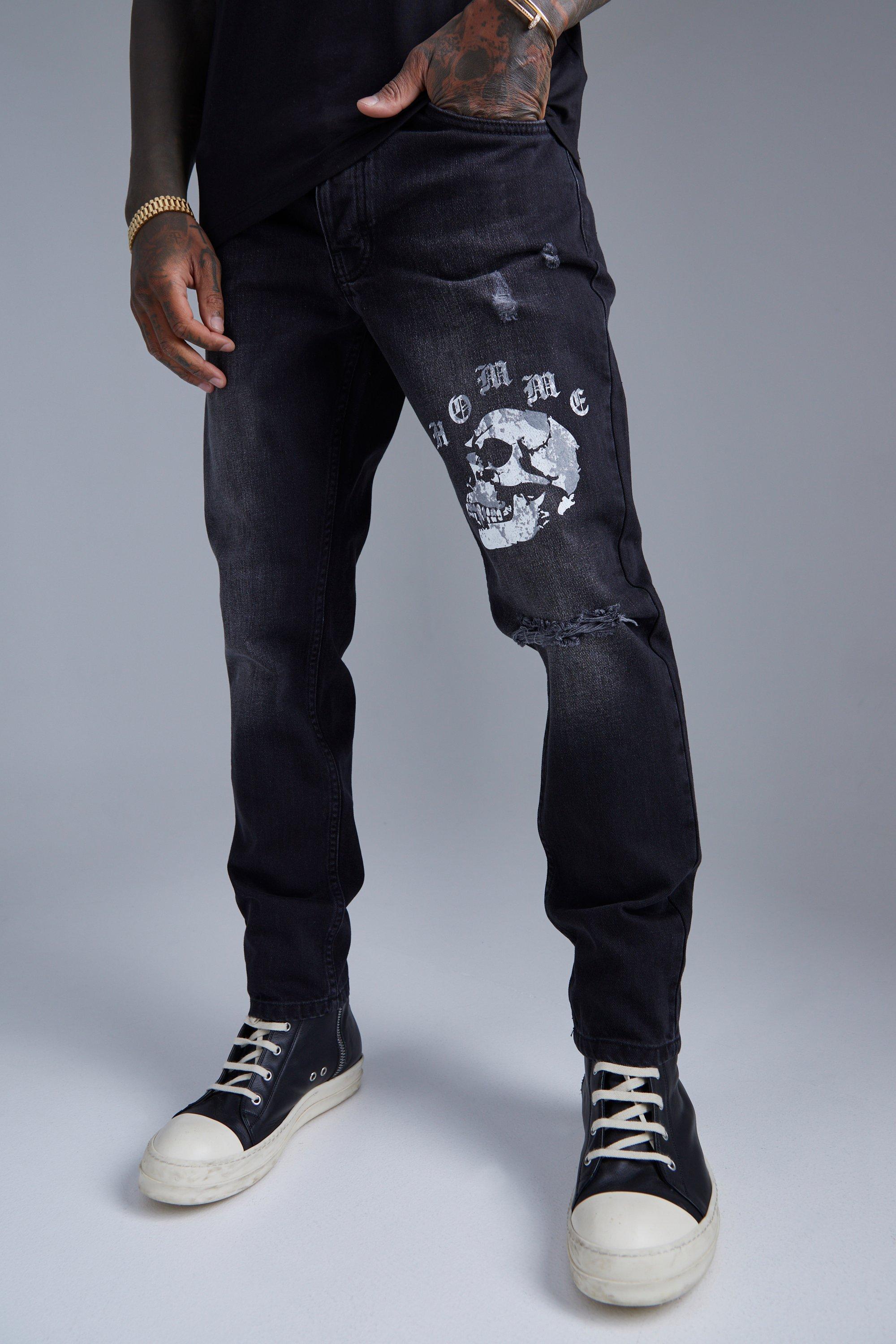 BoohooMAN Slim Rigid Homme Skull Print Jeans in Black for Men | Lyst