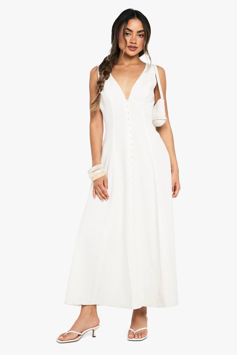 Boohoo Linen Look Button Detail Midaxi Dress in White | Lyst