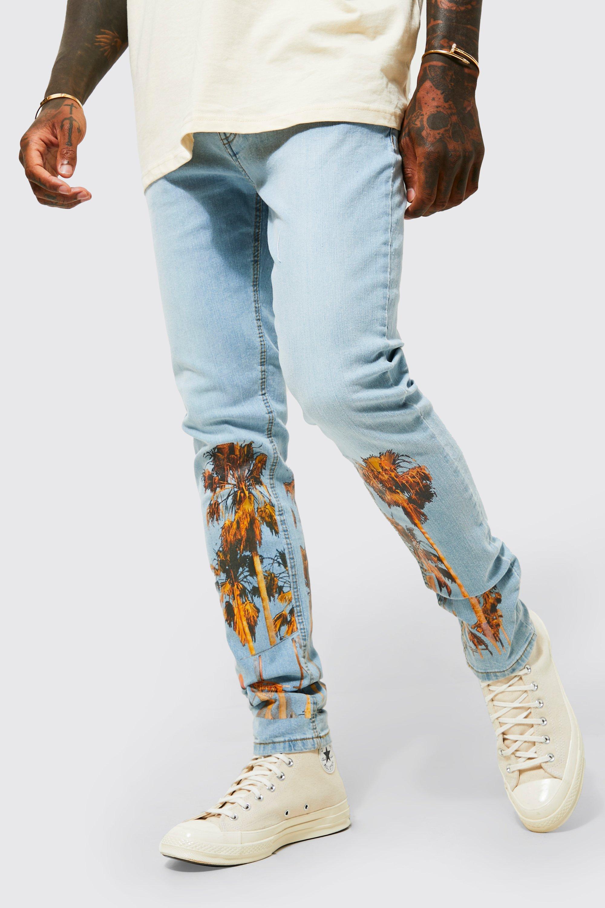 Bemærkelsesværdig Withered Rå Boohoo Skinny Stretch Palm Printed Jeans in Blue | Lyst