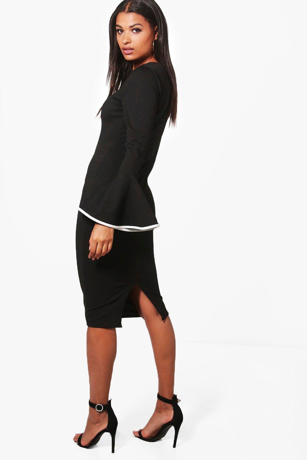 contrast flared sleeve midi dress