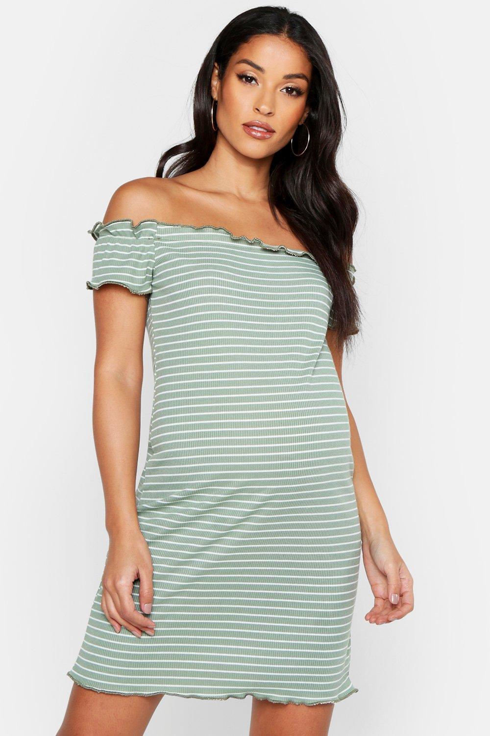 Boohoo Womens Maternity Lettuce Hem Stripe Rib Bodycon Dress in Green