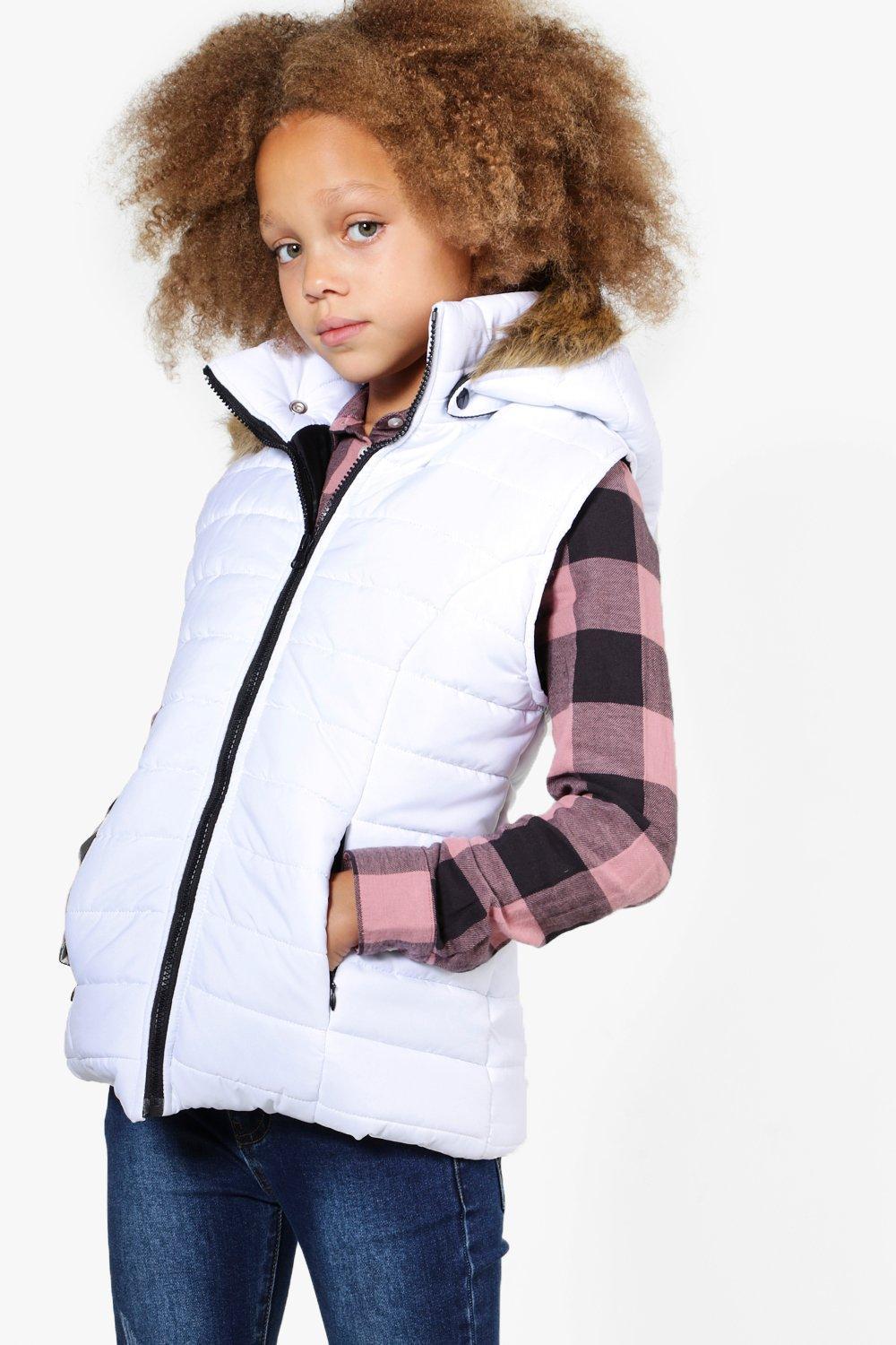 white gilet with fur hood