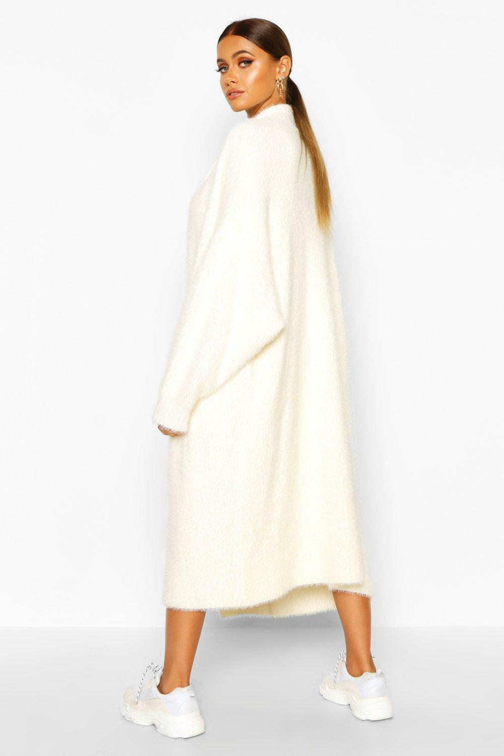Boohoo Premium Oversized Fluffy Knit Maxi Cardigan in White | Lyst