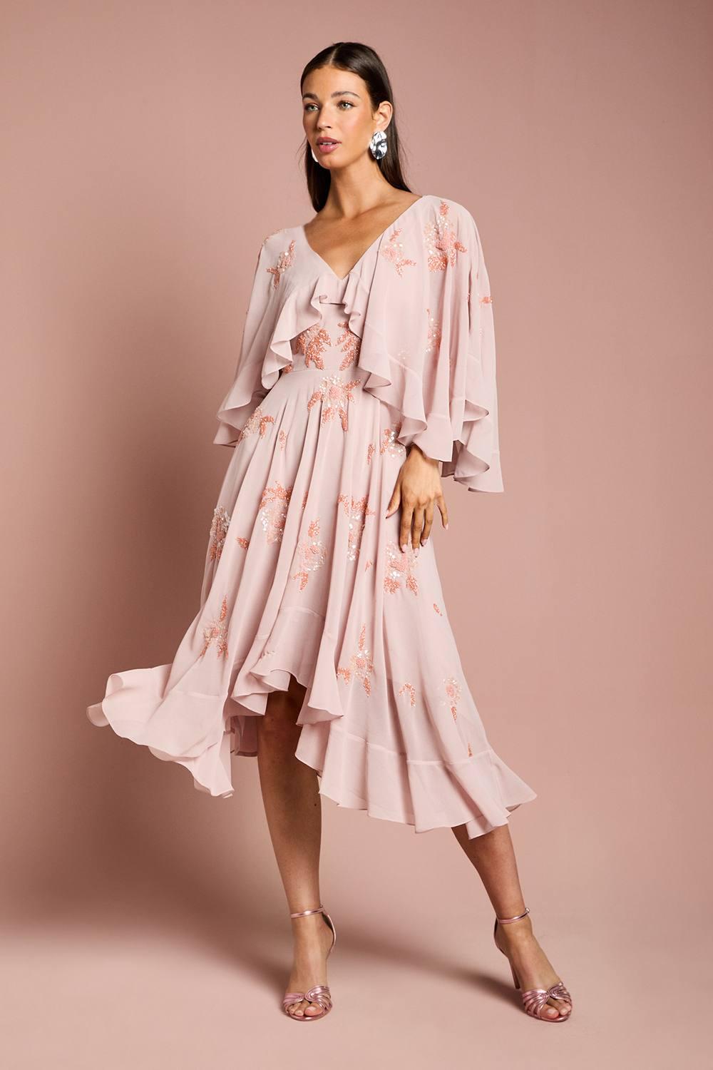 v neck ruffle hem cape large hemline midi dress beige Coast Embellished Frill in Pink Size:M/46 Off-Shoulder Sheer Double Skirt Style:Sleeveless