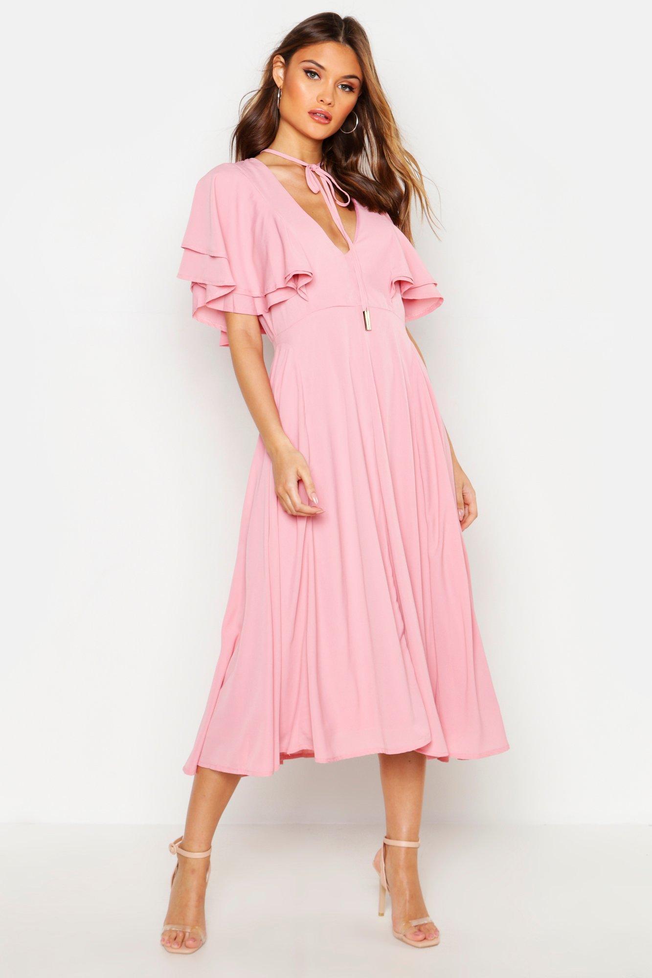 Boohoo Womens Ruffle Angel Sleeve Bolo Tie Midi Dress in Pink - Lyst