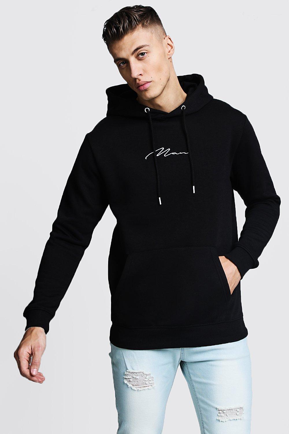 boohooman hoodie with man embroidery in black