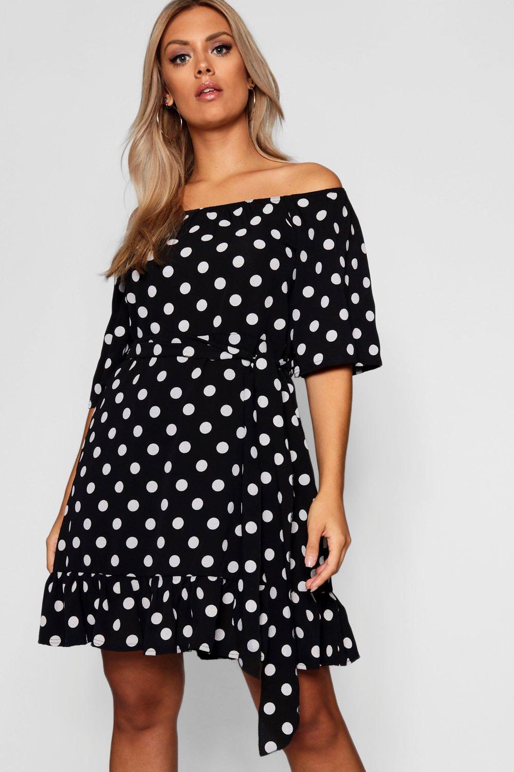 black and white polka dot off the shoulder dress