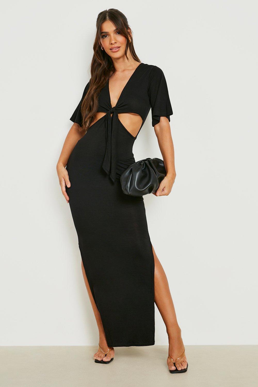 Boohoo Cut Out Tie Front Maxi Dress in Black