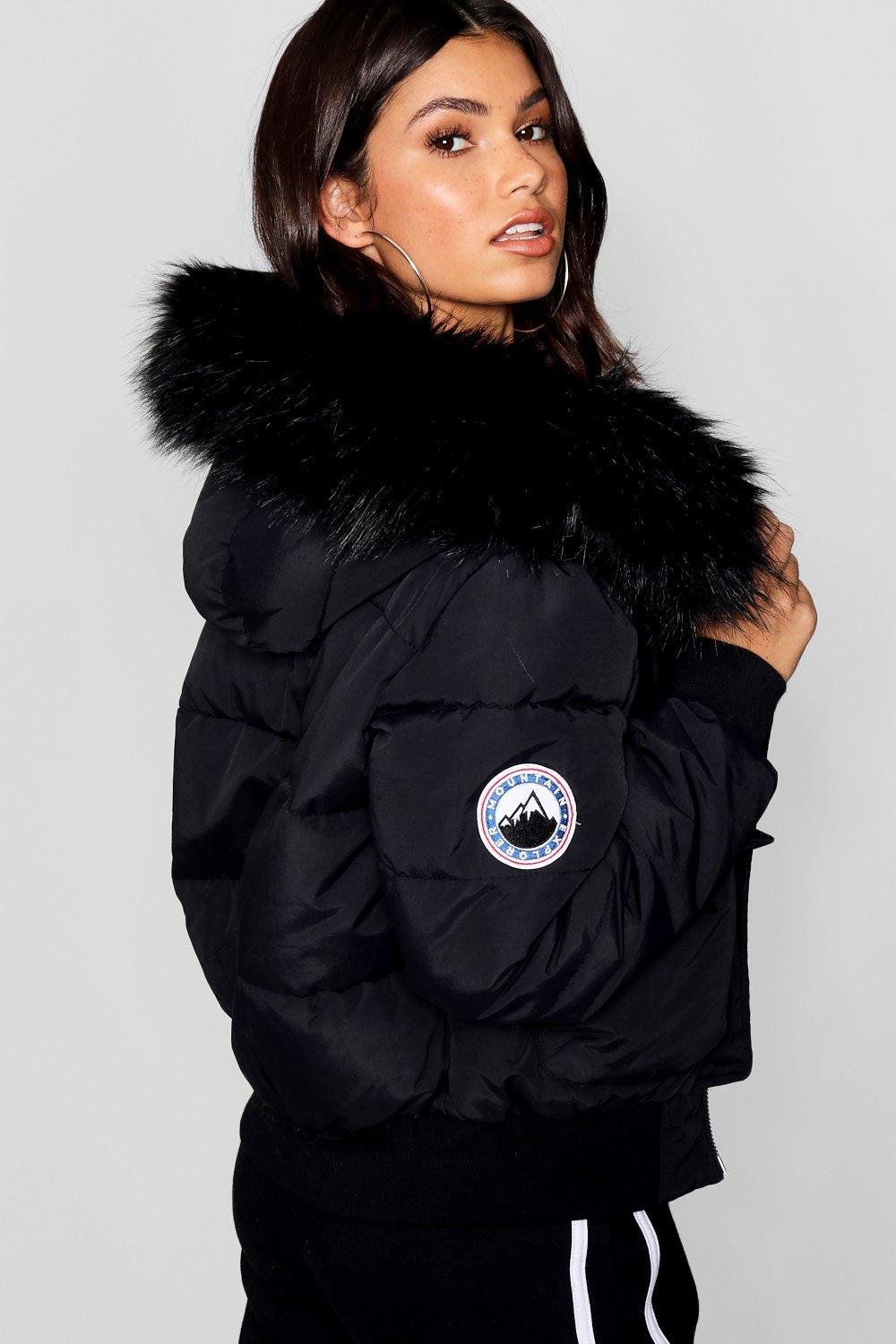 Boohoo Black Faux Fur Hood Crop Puffer Jacket | Lyst