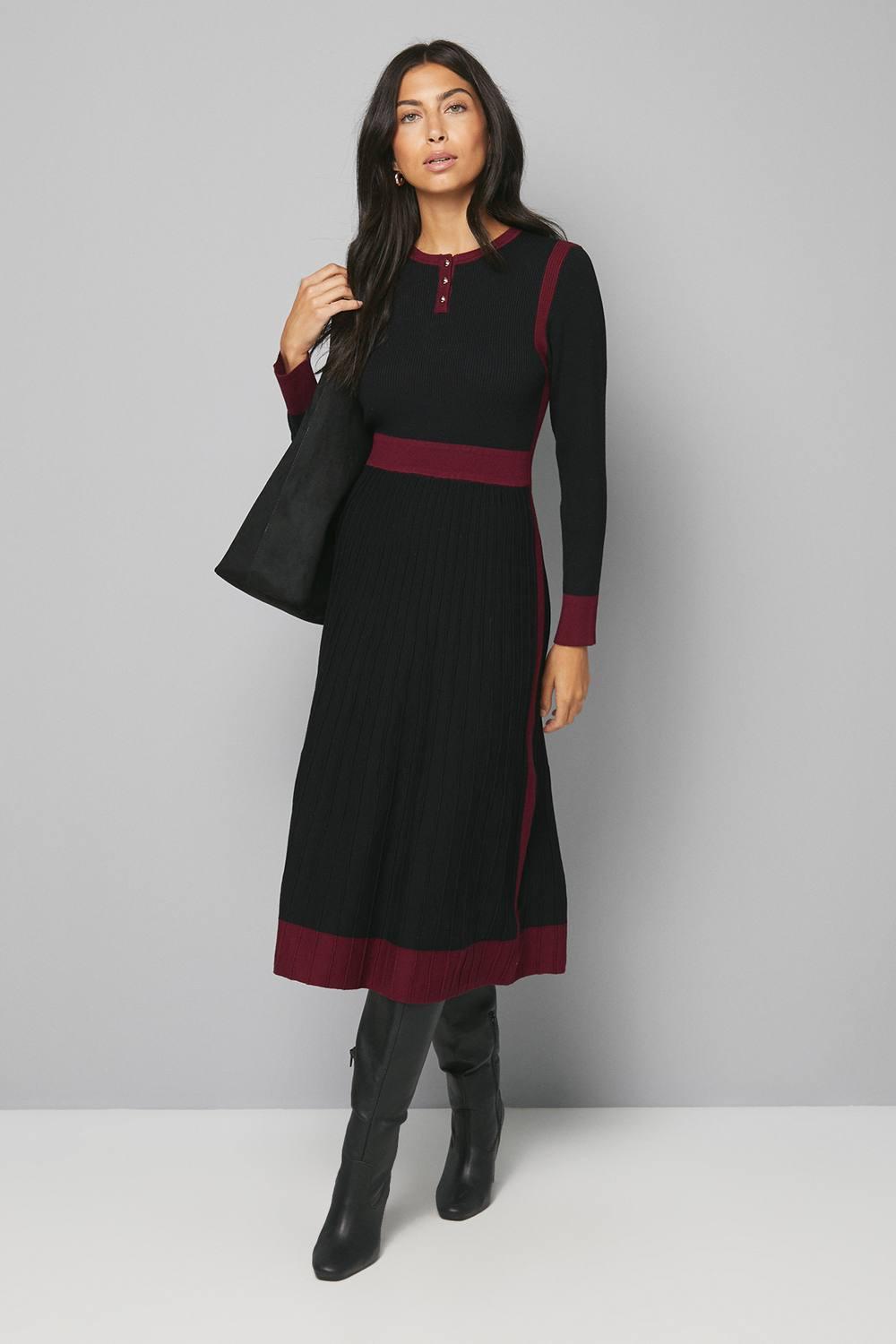 Wallis Fit And Flare Button Neck Knitted Dress in Black | Lyst