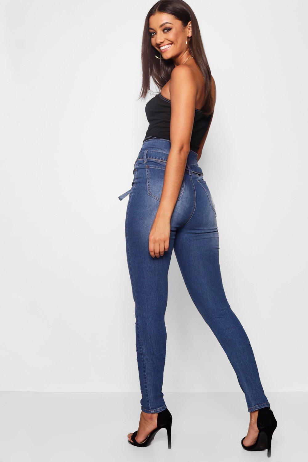 Boohoo Denim Tall Paper Bag Skinny Jeans in Mid Blue (Blue) - Lyst