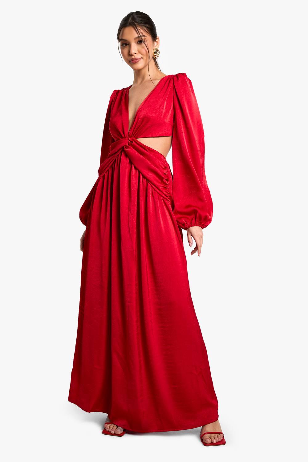 Boohoo Textured Satin Cut Out Plunge Maxi Dress | Lyst