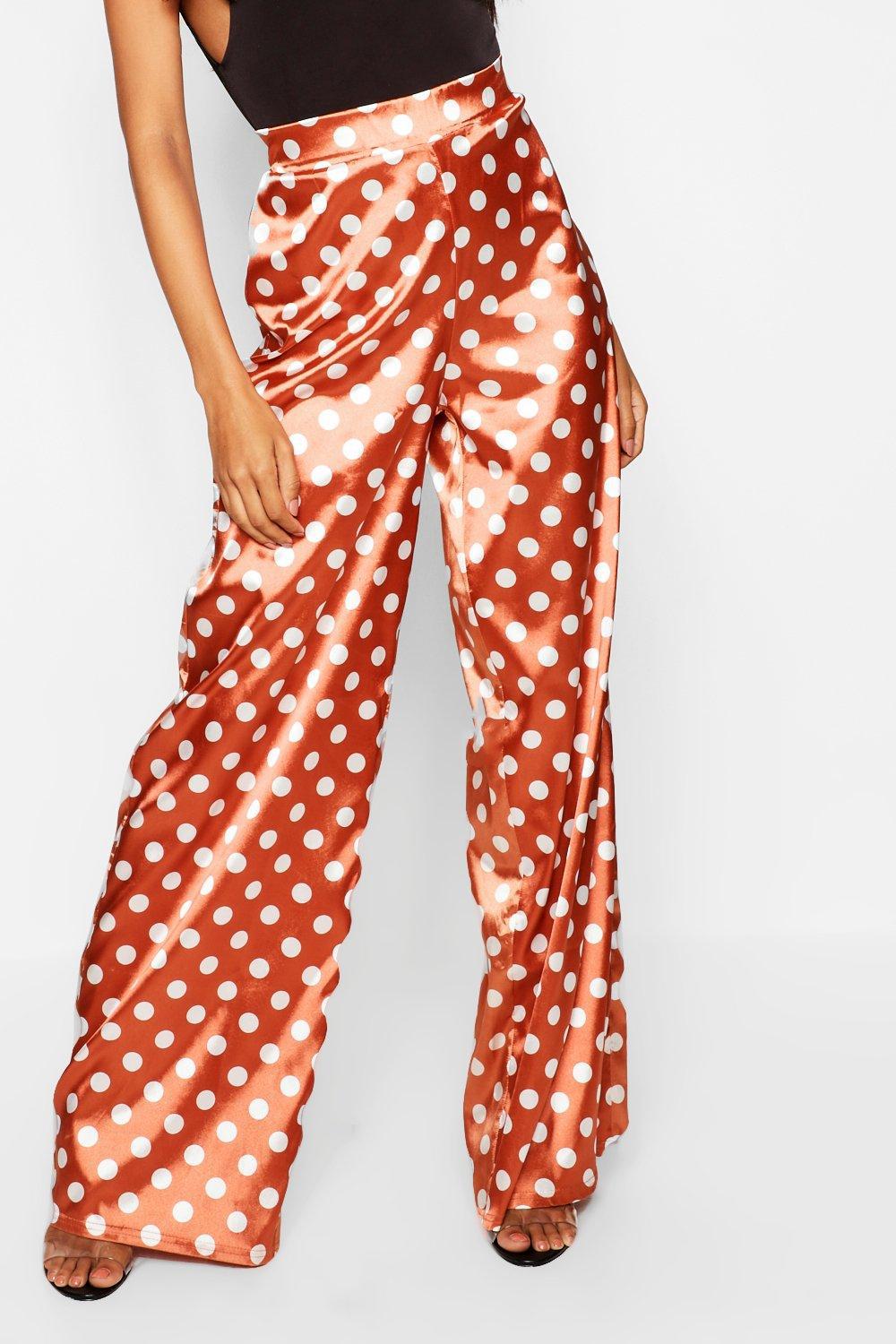 Boohoo Polka Dot Satin Wide Leg Trousers in Pink - Lyst
