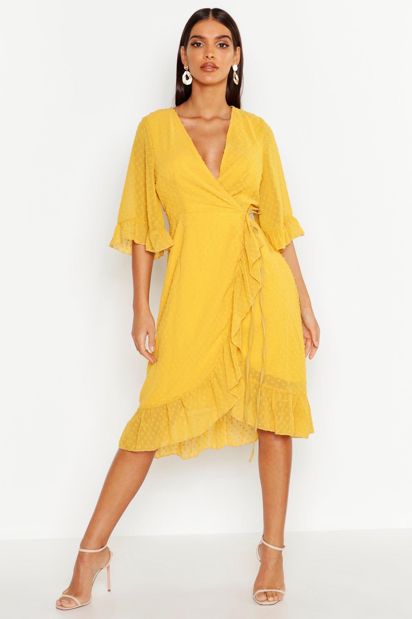 yellow wrap dress midi