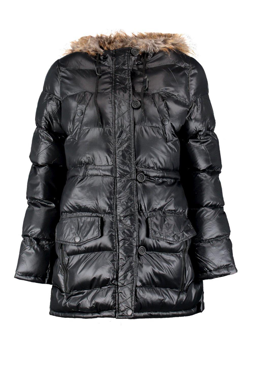 shiny faux fur hood puffer jacket