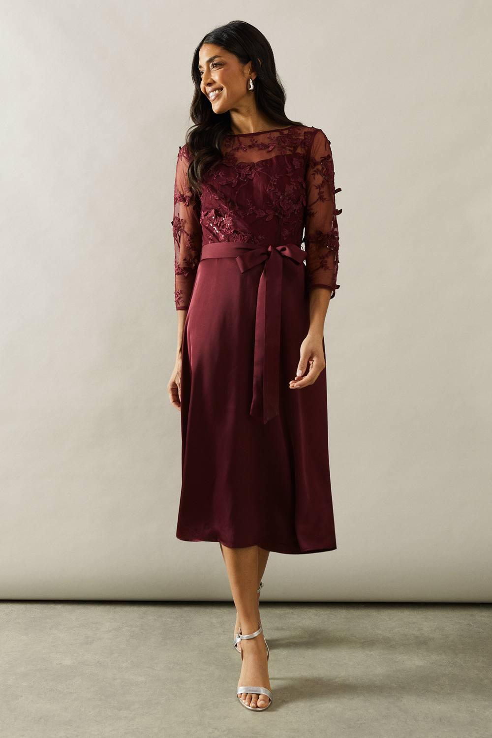 Wallis Occasion Satin And Mesh Overlay Fit And Flare Dress in Brown | Lyst